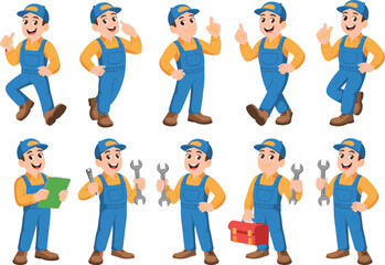 Cartoon mechanic character set in different poses, repairman illustration with tools, wrench, toolbox, worker uniform, professional maintenance concept design