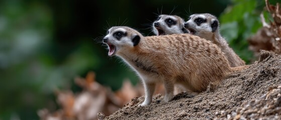 Obraz premium Family of meerkats vocalizing and standing watch in a natural habitat during daylight
