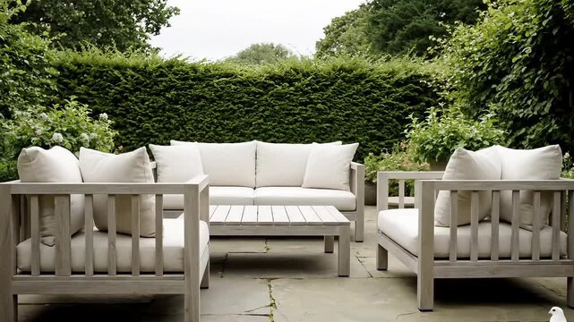 Outdoor patio furniture set with white cushions on stone patio surrounded by greenery