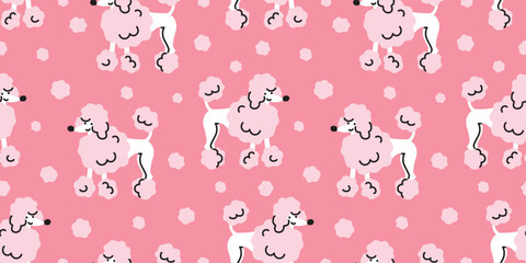 Seamless romantic pattern with hand drawn poodle dog, pink background. Trendy doodle sketch style vector illustration. For kids apparel, fabric, textile decoration, wrapping paper.Valentine's day.