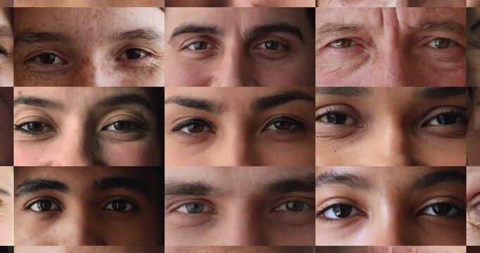 Group of diverse people look at camera, collage