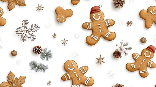This cheerful pattern showcases gingerbread cookies and holiday decorations on a bright snowy background, perfect for Christmas themes SEAMLESS PATTERN