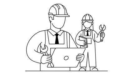 Construction workers using laptop