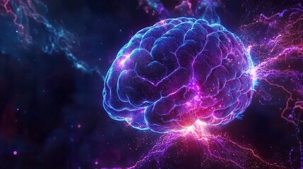 Obraz premium Glowing neon brain on a dark background. Electrical discharges, violet-blue lines, particles, digital visualization.