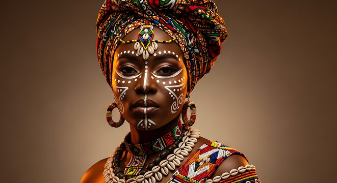 Portrait of a dark skinned woman with tribal face paint wearing traditional african clothing and headdress