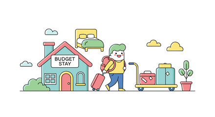 Young traveler walking with suitcase towards Budget accommodations  