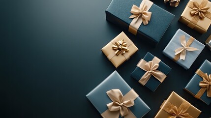 A flat lay arrangement showcases golden and black décor, present boxes, and festive elements perfect for New Year greetings