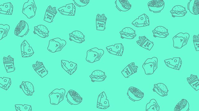 Animated Hand Drawn Fast Food Doodle Pattern Background.