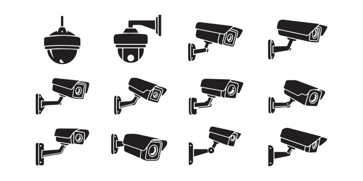 Surveillance camera vector set, black cctv icon collection, wall mount design, security monitoring system, home safety, flat illustration