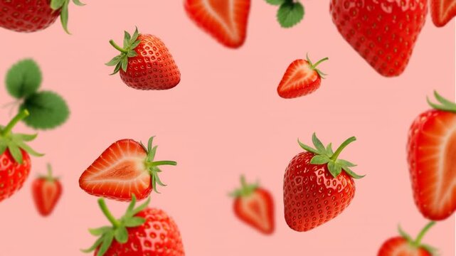 floating strawberries on pink background fresh strawberry halves isolated on pastel pink minimal fruit concept with red strawberries aesthetic strawberry composition for healthy food vibrant strawberr