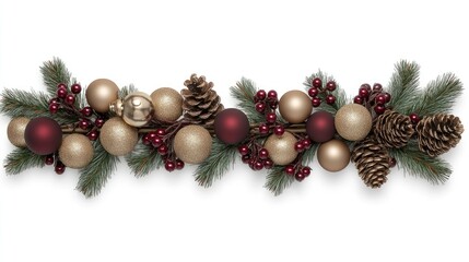 A festive Christmas border frame showcases lush pine branches adorned with vibrant red berries and elegant gold ornaments, ideal for holiday decor