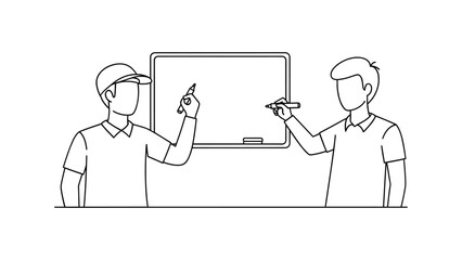 Two men writing on whiteboard