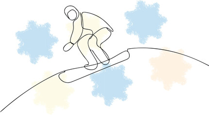 Single Line Drawing a Snowboarder Mid- Jump with Abstract Elements Keywords: snowboarder