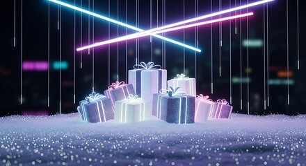 Elegant luminous gift boxes under vibrant neon lights for magical holiday season