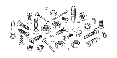 Variety of Metallic Fasteners in Different Shapes and Sizes for Construction and DIY Projects, Vector Cartoon Illustration with Transparent Background, Nuts, Bolts, Screws, Washers, Nails