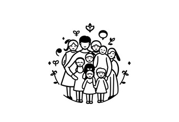 Illustration of a large family with children isolated on white background