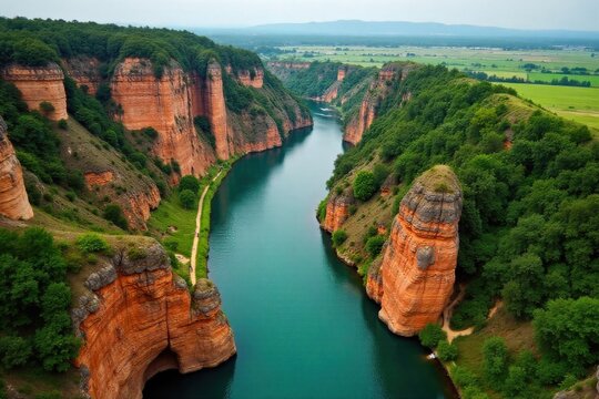 Karst Landscape of Podilski Tovtry National Park A breathtaking view of dramatic karst rock formations along a winding, serene river in Podilski Tovtry National Park. Lush greenery covers the