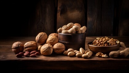 rustic table display featuring a mix of walnuts and peanuts