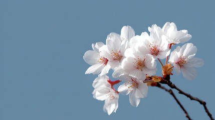 A branch of blooming cherry or plum with delicate white flowers and pinkish-red stamens is positioned diagonally on a blue background.