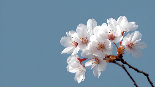 A branch of blooming cherry or plum with delicate white flowers and pinkish-red stamens is positioned diagonally on a blue background.