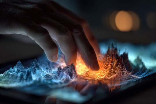 Person interacts with 3d digital data on a tablet screen, featuring blue and orange peaks and valleys on a dark background