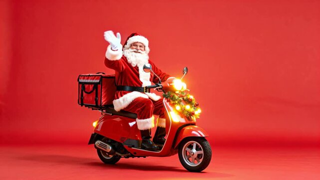 Santa Claus riding a scooter with a delivery backpack on a red background, Santa smiling and waving