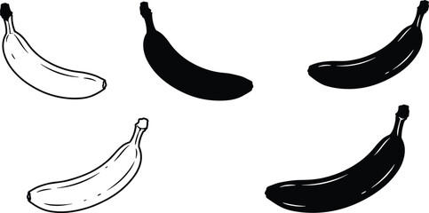 Five banana silhouettes and outlines, black and white tropical fruit vector illustration, minimal design, healthy food concept, isolated fruit drawing © Kartik Creative