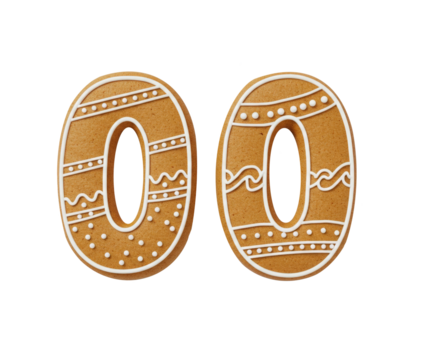 Gingerbread number zero cookie decorated with white icing png isolated on transparent background