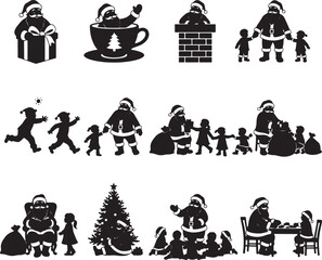 Dynamic Santa Claus and Children Silhouette Vector Bundle