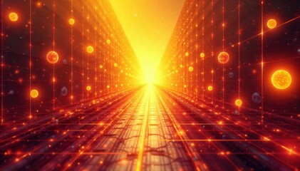 Golden Cellular Pathway Abstract An abstract visualization of a golden cellular pathway. The pathway is depicted as a flowing, luminous network of golden light and energy, pulsing with internal