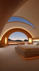 Obraz premium Modern boho-style bedroom with a curved wall, large mirror, and warm lighting in a cozy setting