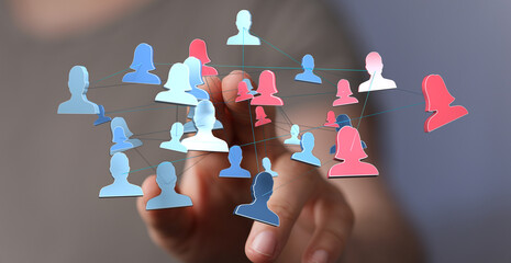 Hand holding network digital connection diagram, teamwork concept, abstract networking, futuristic technology. Conceptual image representing bus