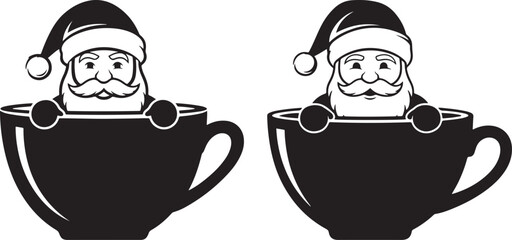 Two black and white illustrations of santa claus peeking out of coffee cups