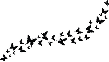 Beautiful butterfly silhouettes flying in curved motion, nature insect pattern, black vector illustration, freedom and spring design concept