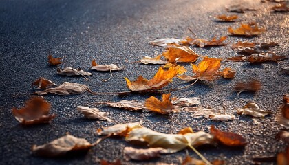 macro of rough asphalt with scattered dry leaves