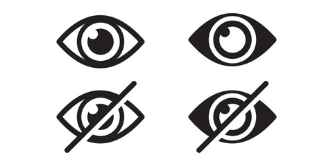 See and unsee eye icon isolated on white background. Vision and invisible eyes sign. Show and hide. Icon element for app, website, and interface. Vector illustration.