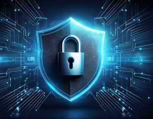 digital security shield with padlock and abstract technology background