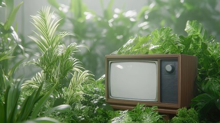Retro wooden television set in mid-century modern living room with plants and warm lighting, perfect for branding mockups