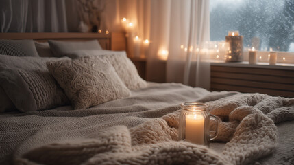 Winter bedroom with neutral bedding