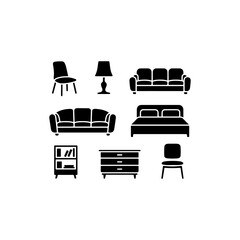 8 furniture silhouettes chair, lamp, sofa, bed, solid black shapes, vector style, white background
