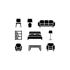 8 furniture silhouettes chair, lamp, sofa, bed, solid black shapes, vector style, white background
