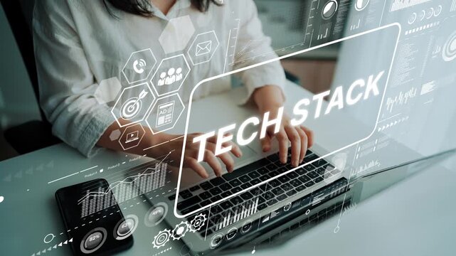 Professional woman researching tech stack concepts and trends on laptop with digital interface and icons in modern workspace. Asymptotic smart data analytic.