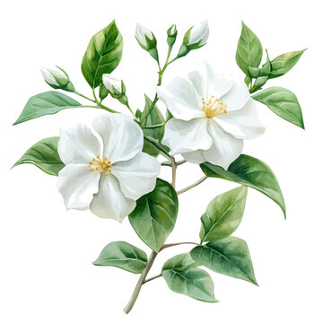 Jasmine Flower, watercolor illustration vector, isolated on a white background.
