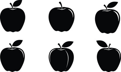 Set of apple silhouette icons, black fruit vector collection, minimal apple design for healthy food, organic fruit illustration, graphic art