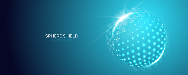Digital security shield in the shape of a glass sphere. Abstract blue hexagon pattern, futuristic protection field. vector illustration.