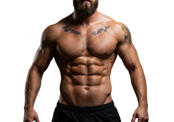 Muscular man showing six pack abs isolated on transparent background