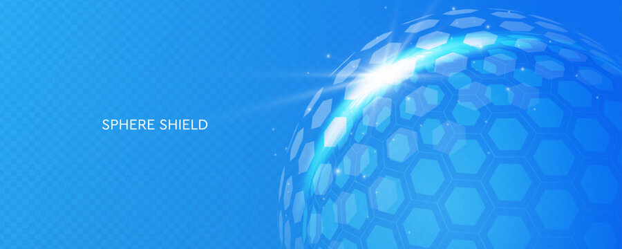 3d protection sphere with geometric hexagon structure. Glass transparent bubble shield. UV protection ultraviolet. Technology security concept. Vector illustration.