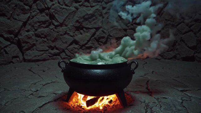 Traditional cooking over an open fire with a large cauldron in a rustic stone setting