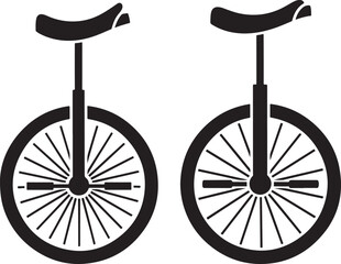 Two simple black silhouette unicycles facing forward side by side
