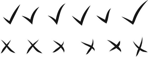  hand drawn check mark and cross mark icon set. Yes no sign. Approve and reject symbol. Green Tick and Red X Sign